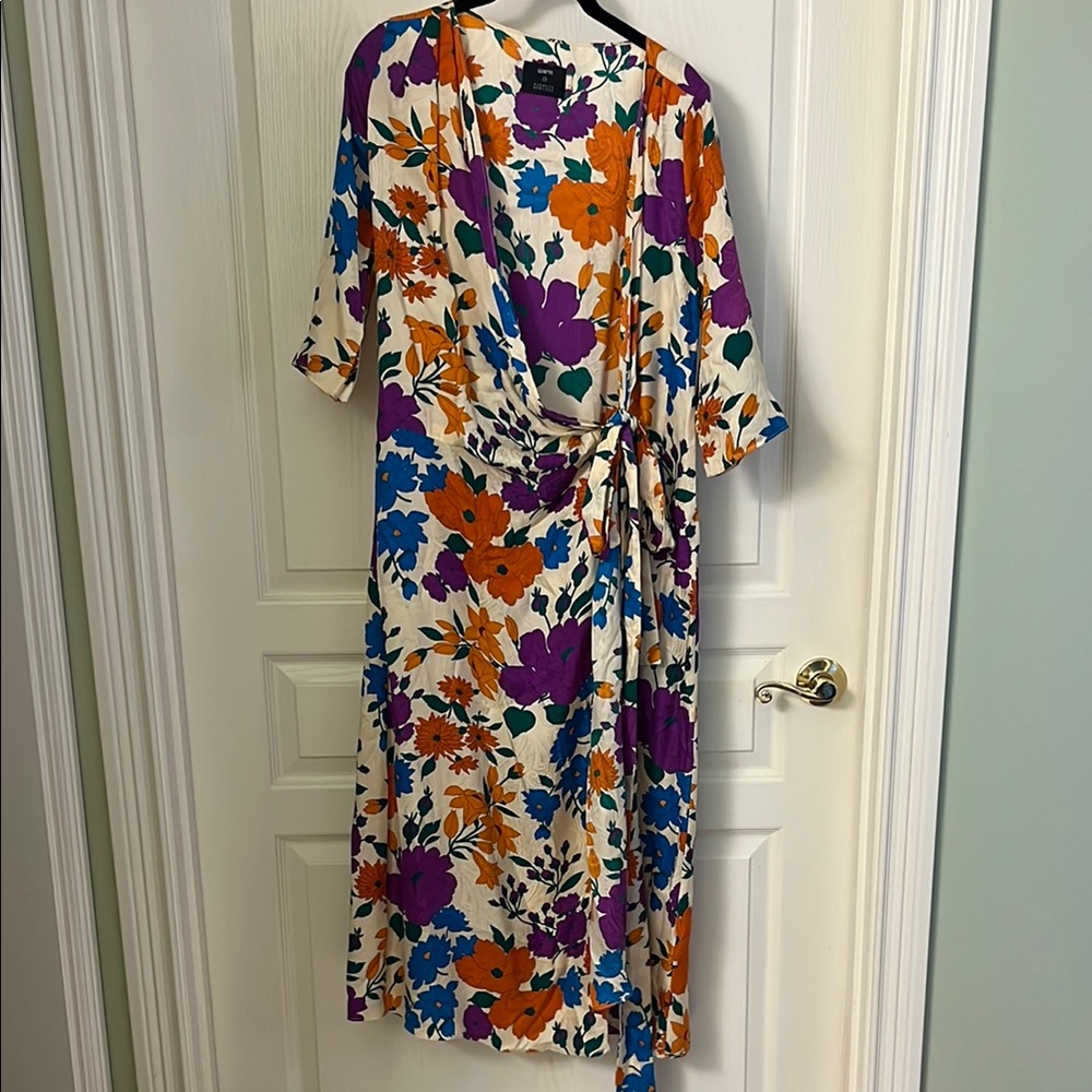 Barneys New York Orange and Blue Wrap Midi Dress